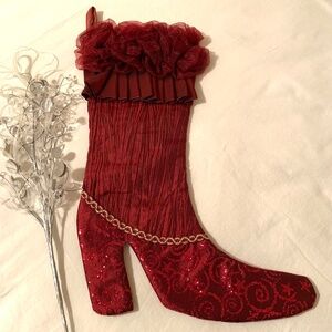 Christmas Stocking Victorian Style Boot Wine Taffeta /Organza Ruffle